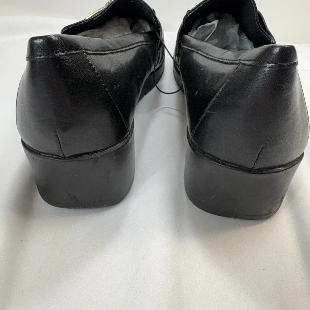 Anne Klein AKqamari Black Leather Loafers 10M‎ Wedge Heel Preppy Chic